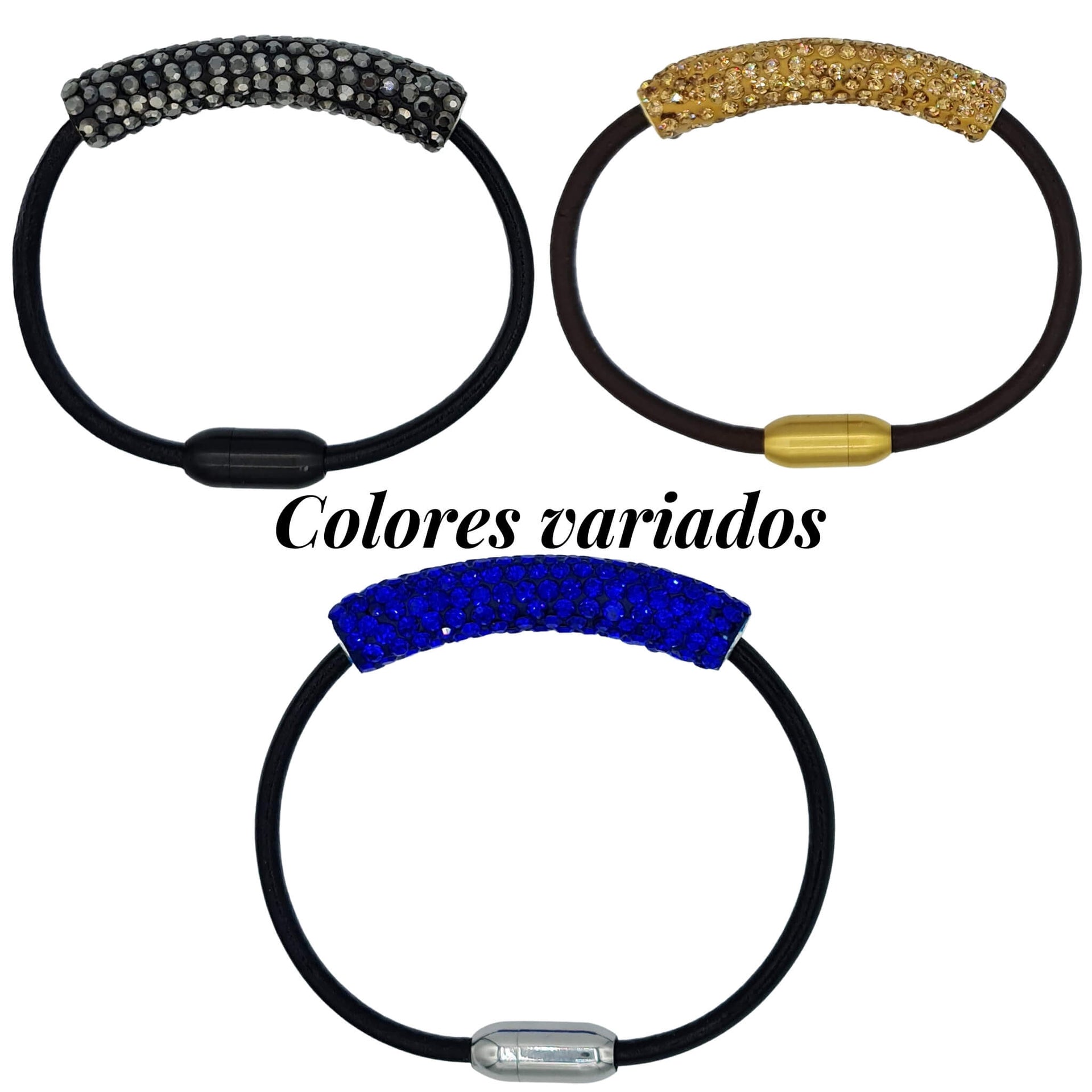 Pulseras de cuero y tubo central de strass multicolor