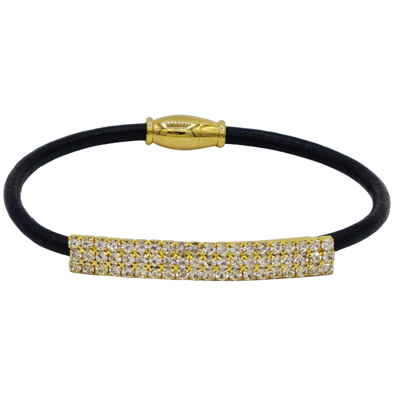 Pulsera de cuero negro con pieza dorada de brillantes de strass