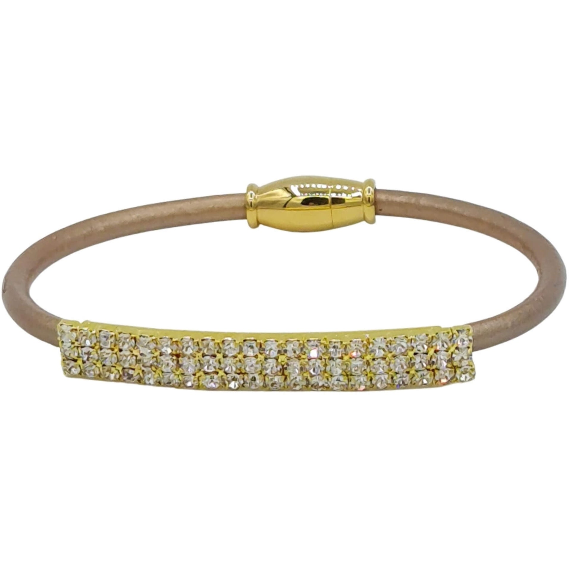 Pulsera de cuero oro rosa con pieza dorada de brillantes de strass