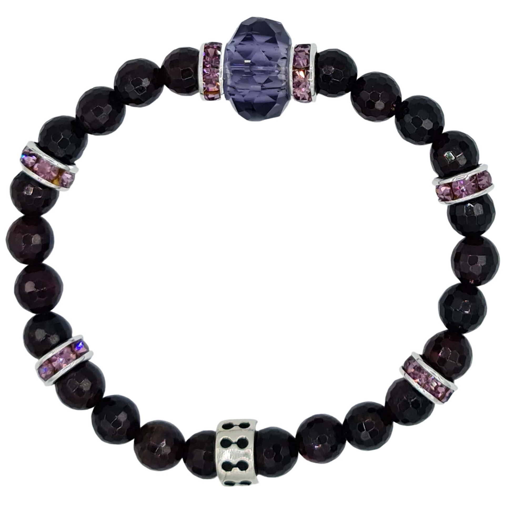 Pulsera de granate facetado y central de cristal fino morado