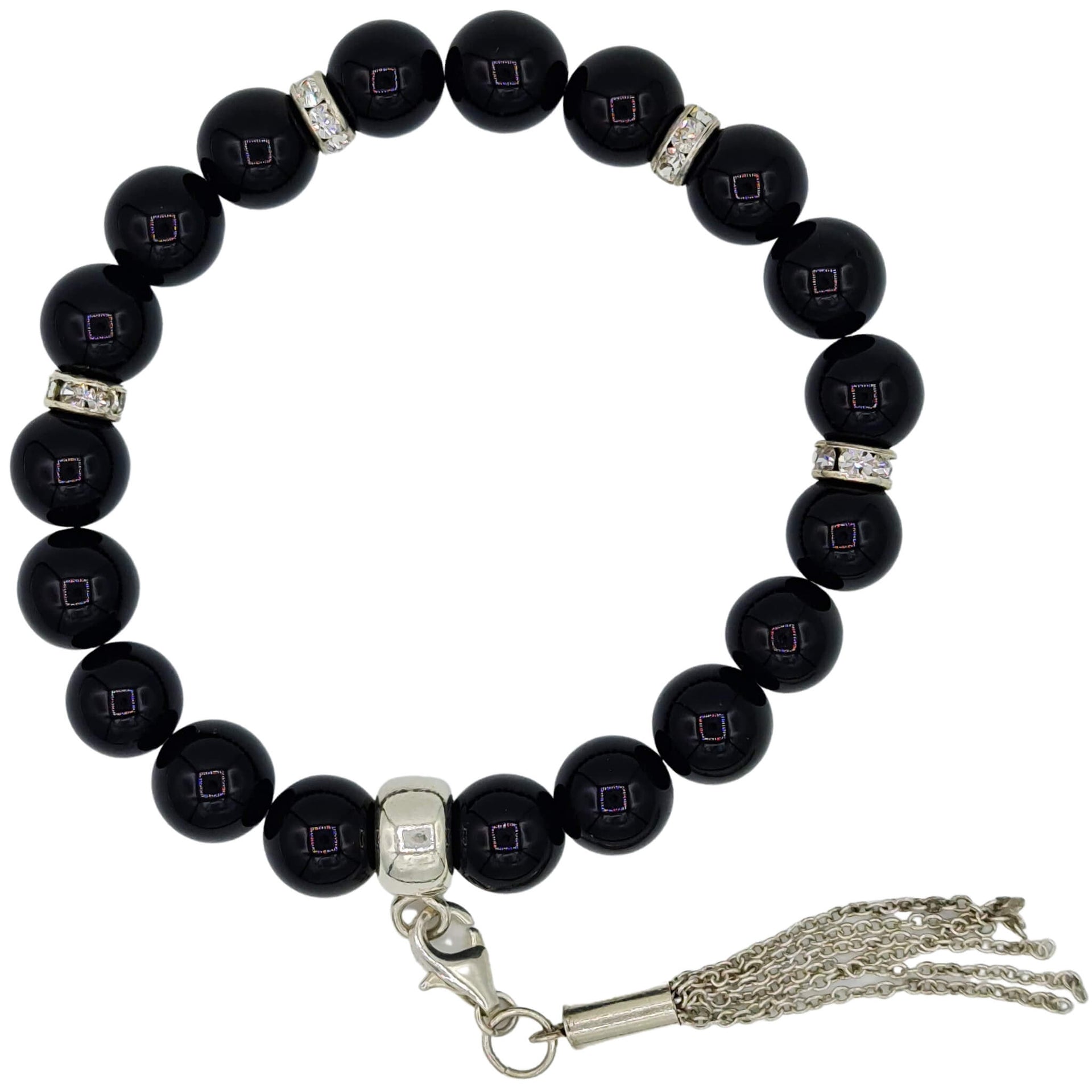 Pulsera de onix liso y borla colgante con flecos de plata