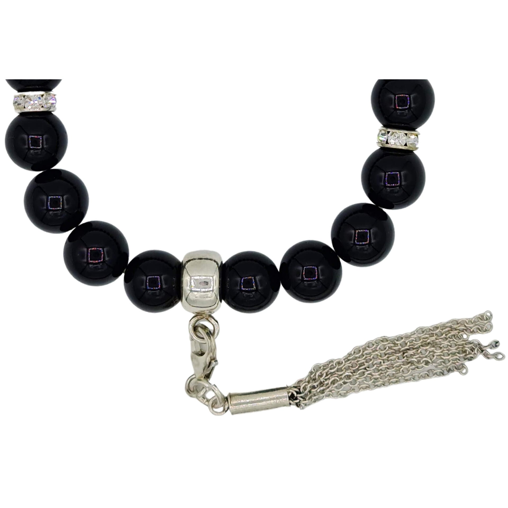 Pulsera de onix liso y borla colgante con flecos de plata